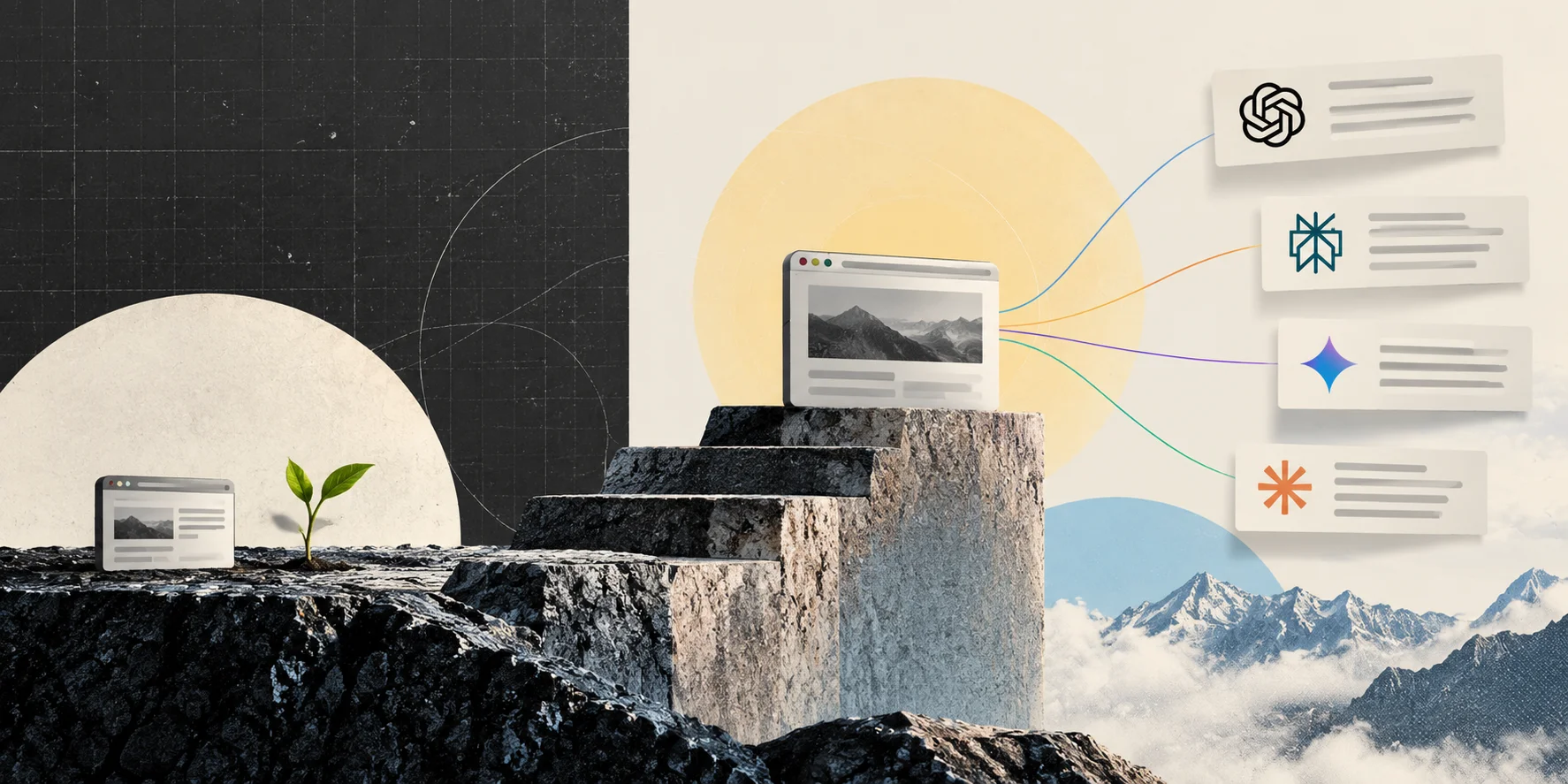 A collage of a small browser and a seedling on a rocky ledge, a second browser on a stone pedestal in front of a yellow sun, and four AI-engine chat cards reaching to it from a snowy mountain range.