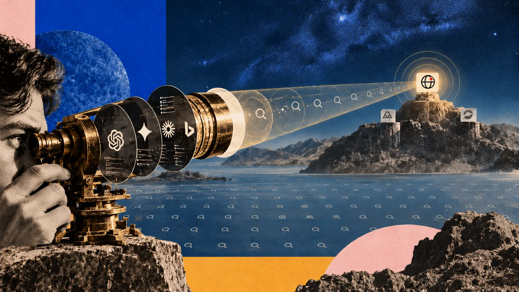A vintage brass compass and telescope on a rock aim a line of search icons across a bay at a glowing brand mark on an island summit, with two other brand marks lower on the rocks.