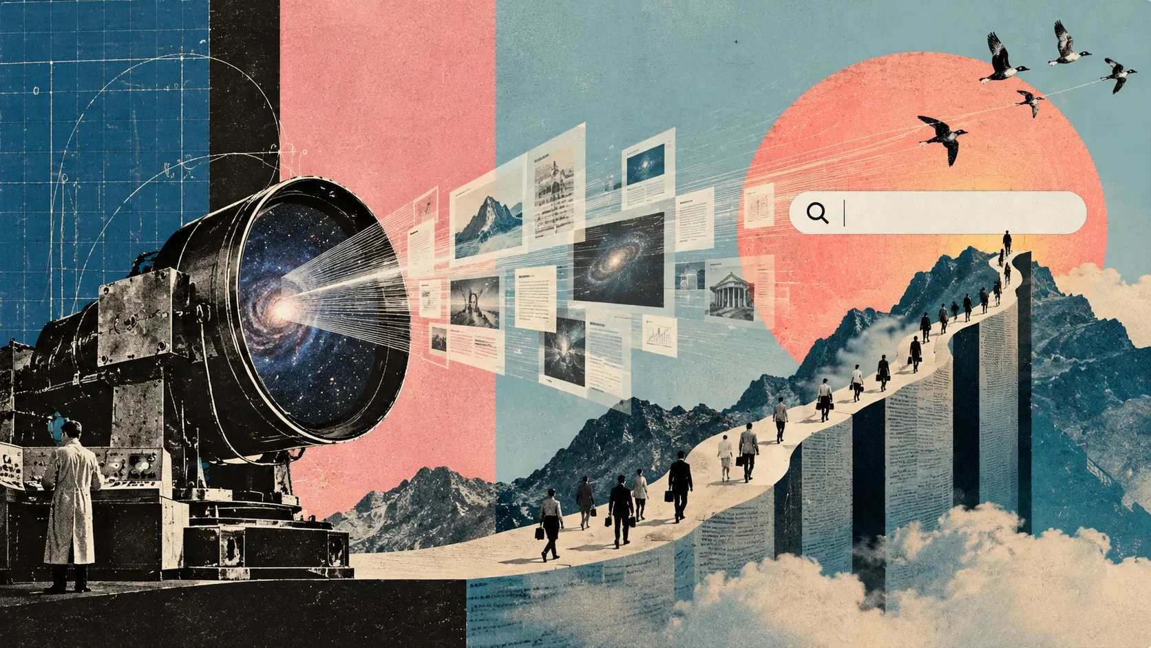 A vintage retro collage: on the left a scientist in a lab coat operates a giant projector beaming a spiral galaxy toward floating search-result cards; on the right a trail of silhouetted business people climbs a ridge of stacked documents toward a rising pink sun and a search bar, with migrating birds overhead.