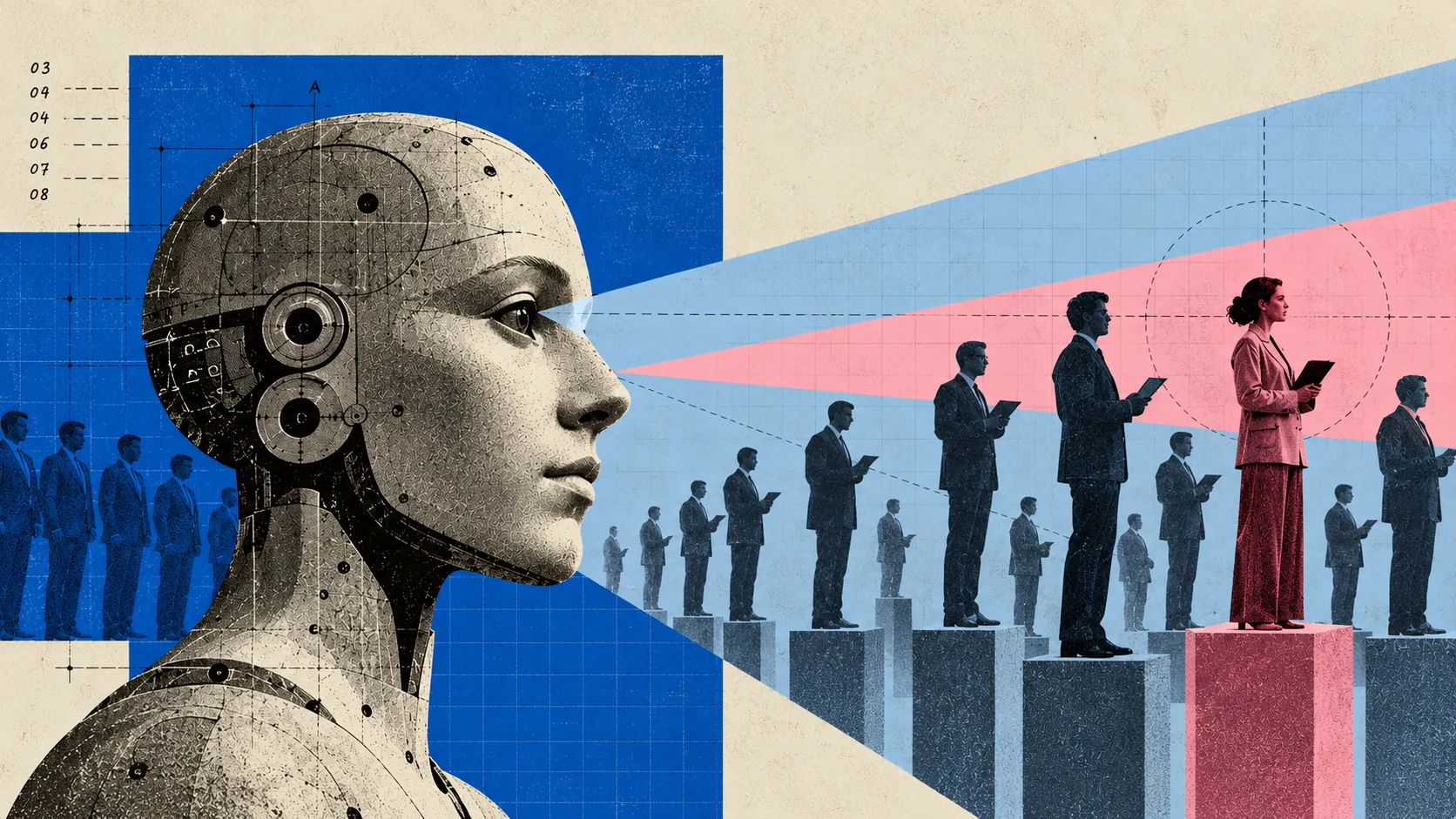 A woman-faced android in profile on the left gazes across a lineup of silhouetted businessmen on pedestals; a single woman highlighted in red stands on a pink pedestal among them.