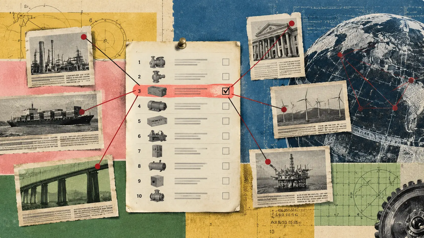 A pinned vintage list of ten industrial machines with item 3 highlighted and ticked; red lines connect it to clipped photos of a refinery, container ship, bridge, classical bank building, wind turbines, oil rig and a half-globe traced with a red network.