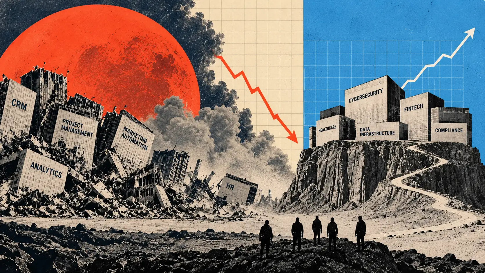Ruined skyscrapers labelled CRM, Analytics, Project Management, Marketing Automation and HR collapse under a red sun on the left; intact blocks labelled Cybersecurity, Healthcare, Data Infrastructure, Fintech and Compliance stand on a cliff with an upward arrow on the right.