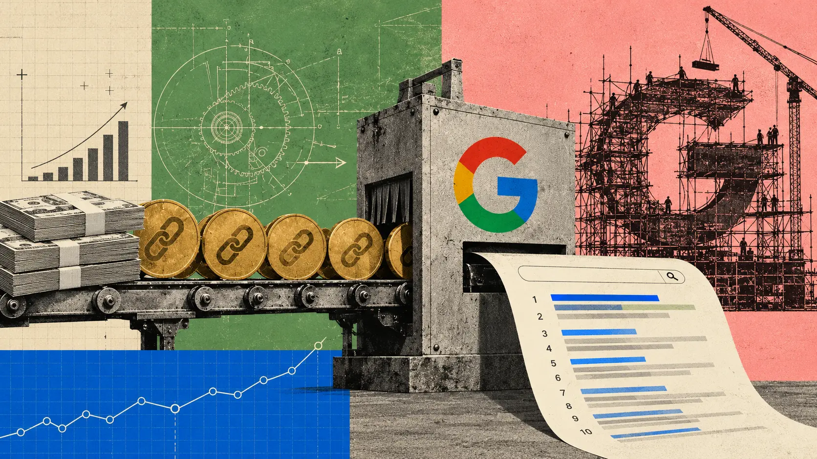 A vintage-industrial collage: stacks of cash and a conveyor belt of gold coins stamped with chain-link symbols roll into a Google-branded machine that emits a search-results ranking receipt, while workers on scaffolding build a giant letter G on the right.