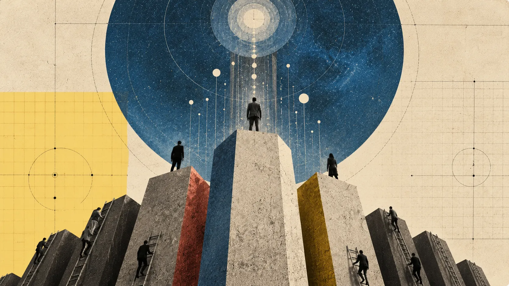 A geometric collage: a single silhouetted business figure stands atop the tallest of five concrete podium pillars in front of a large navy circle filled with stars, with second-tier figures below and more figures climbing ladders onto the shorter outer pillars, while white dots rise from the summit toward a halo of concentric circles at the top.