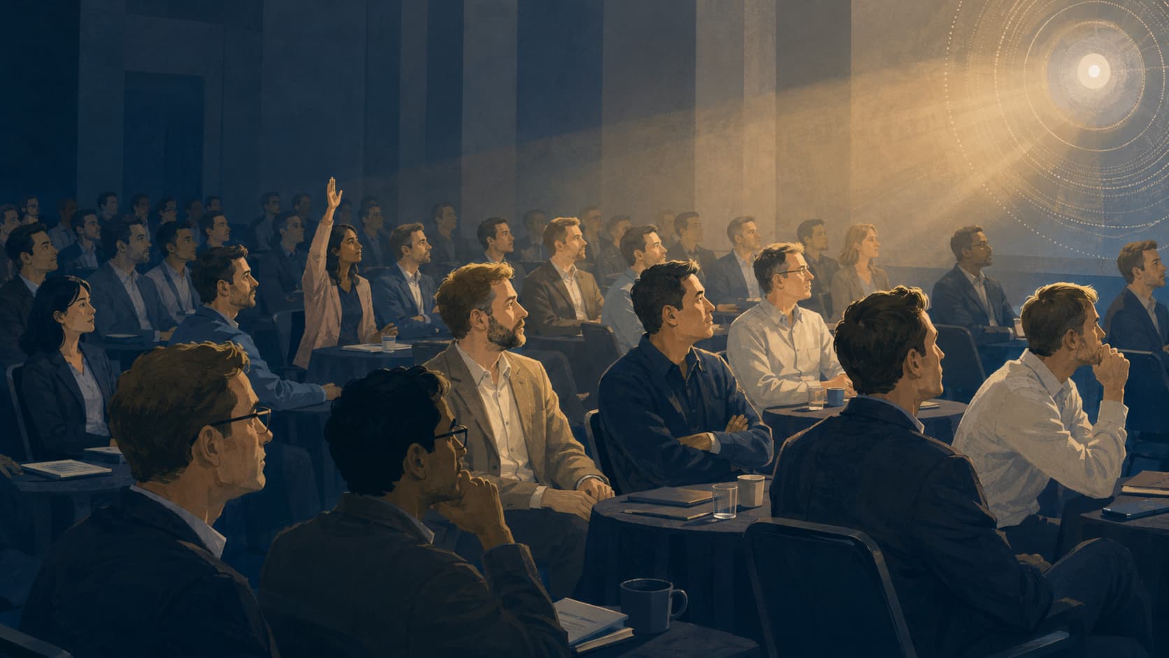 Illustration of a room of ICT professionals, mostly men lit by directional light, with a small number of women outside the light, one with her hand quietly raised. An abstract AI form observes the lit group.