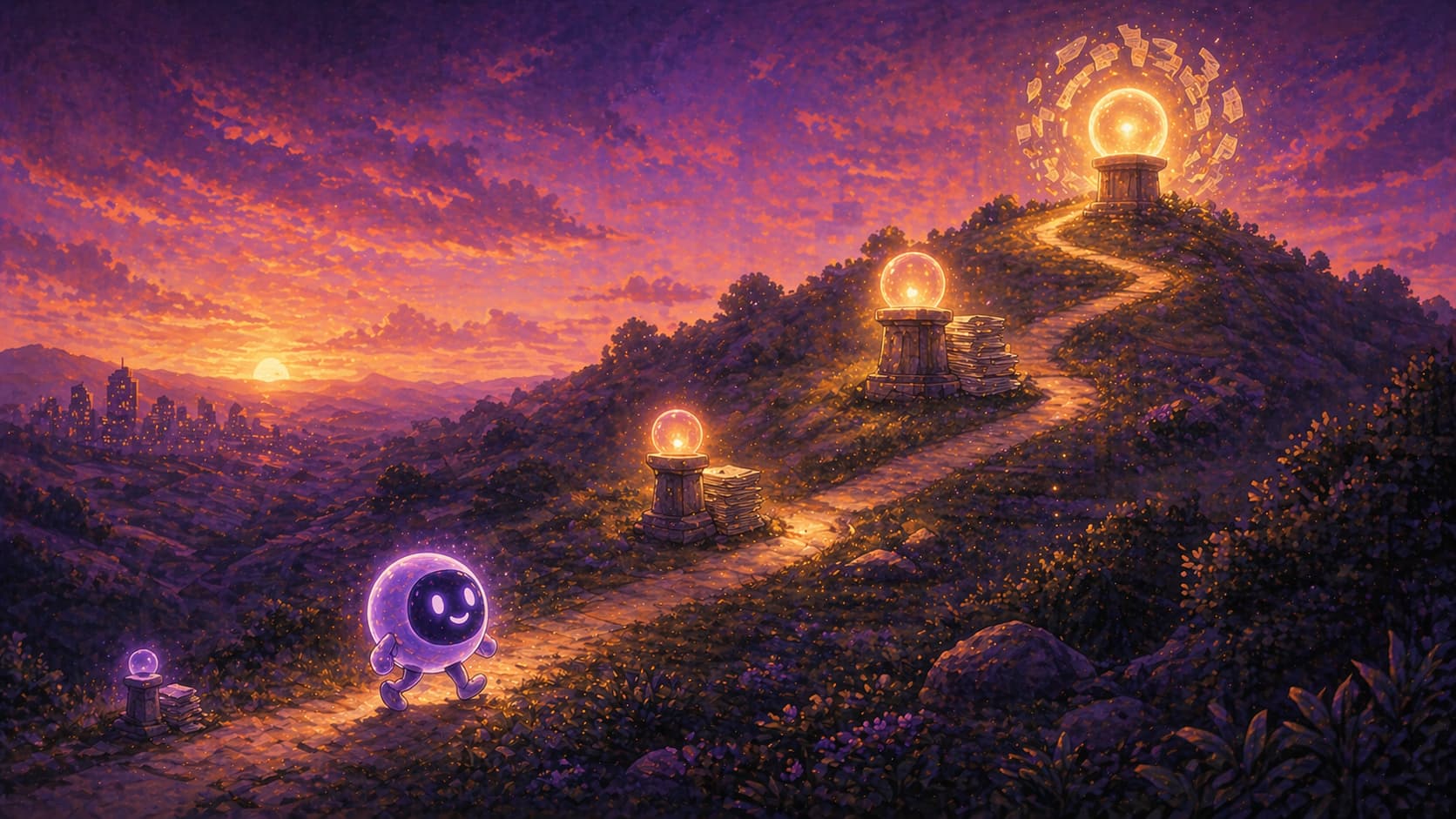 A brand character walks a path past four increasingly bright milestones, each with more accumulated editorial coverage