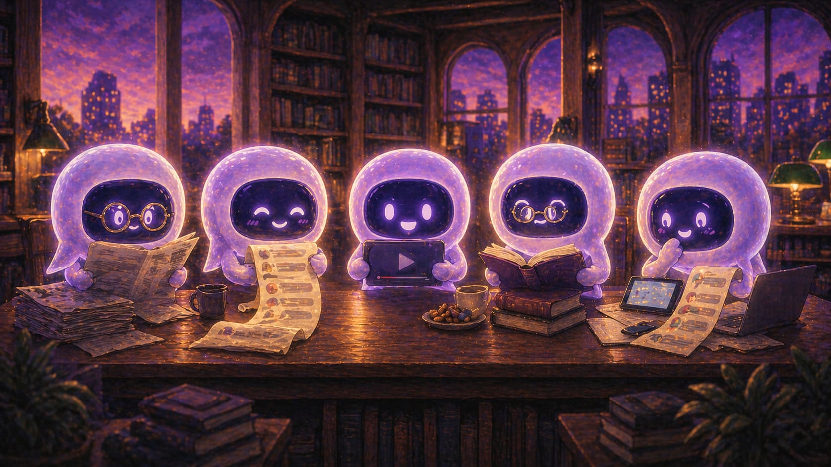 Five distinct AI chatbot characters each reading from a different mix of source materials