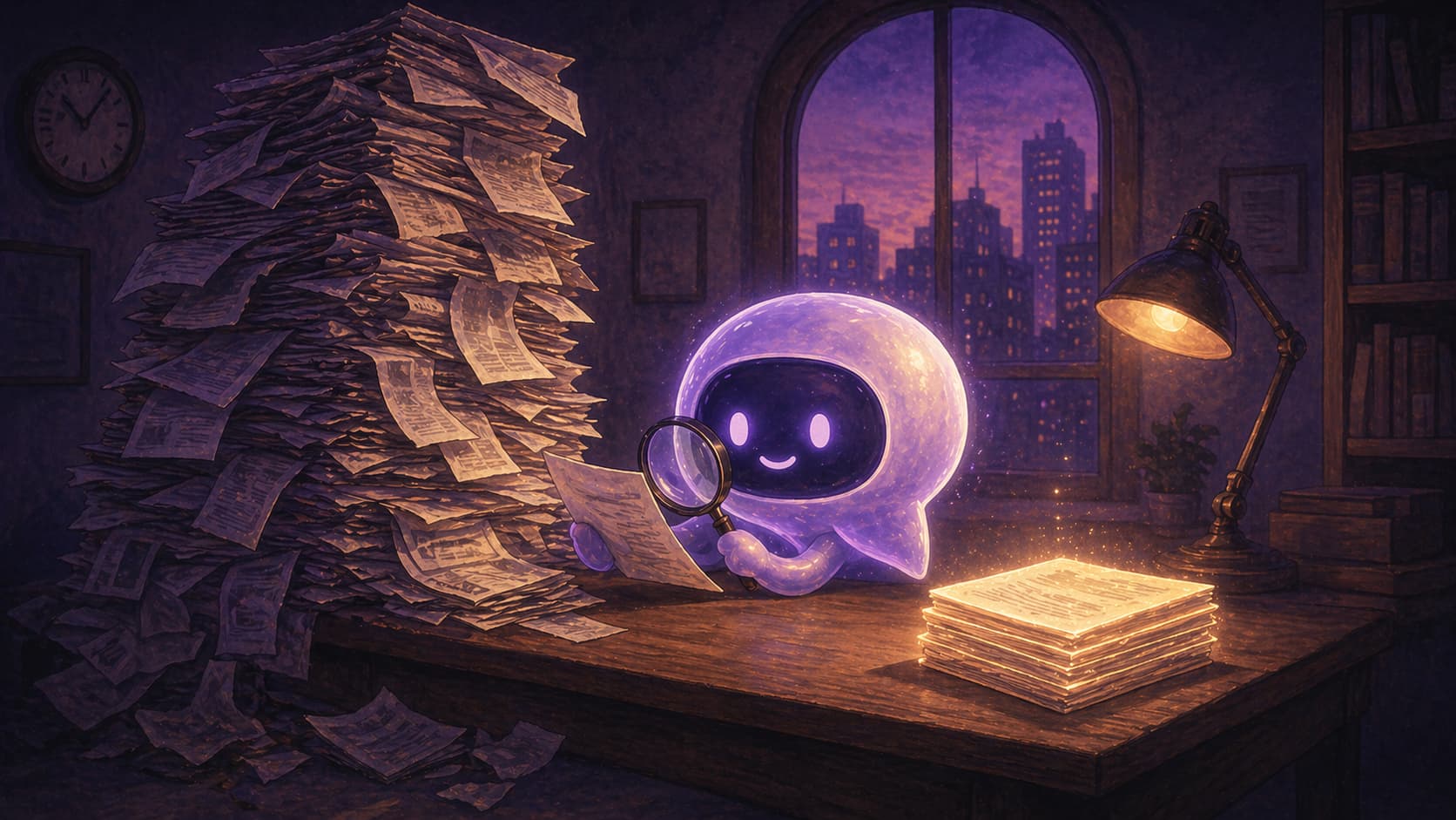 An AI chatbot examines a towering pile of retrieved pages and selects only a small stack for citation