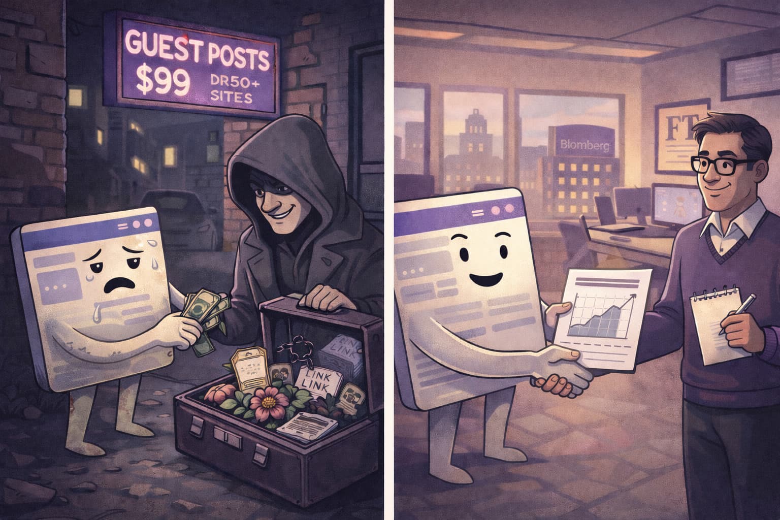 Earned links vs paid links — hero illustration