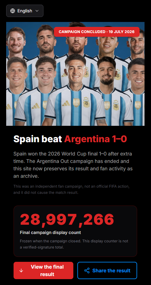 Screenshot of ArgentinaOut.org showing the counter displaying 28,997,266 with the disclaimer 'This display counter is not a verified-signature total' visible beneath it.