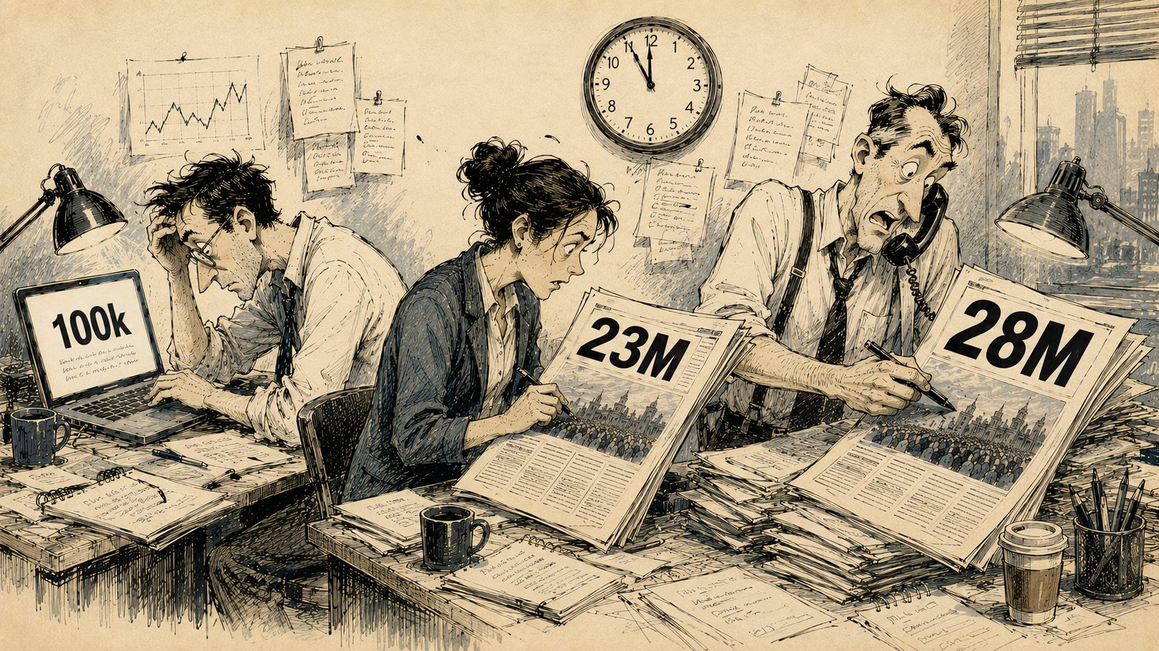 Editorial caricature of journalists at desks copying a number from screen to screen, each further from the source, each more confident in the figure they are reporting.