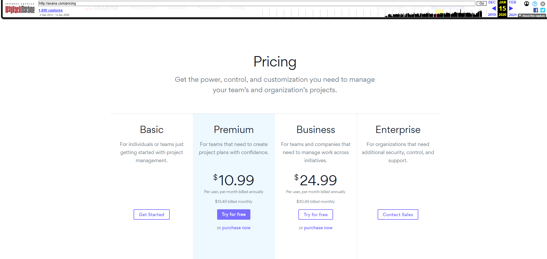 Asana pricing page, January 2020 — $10.99 per user per month