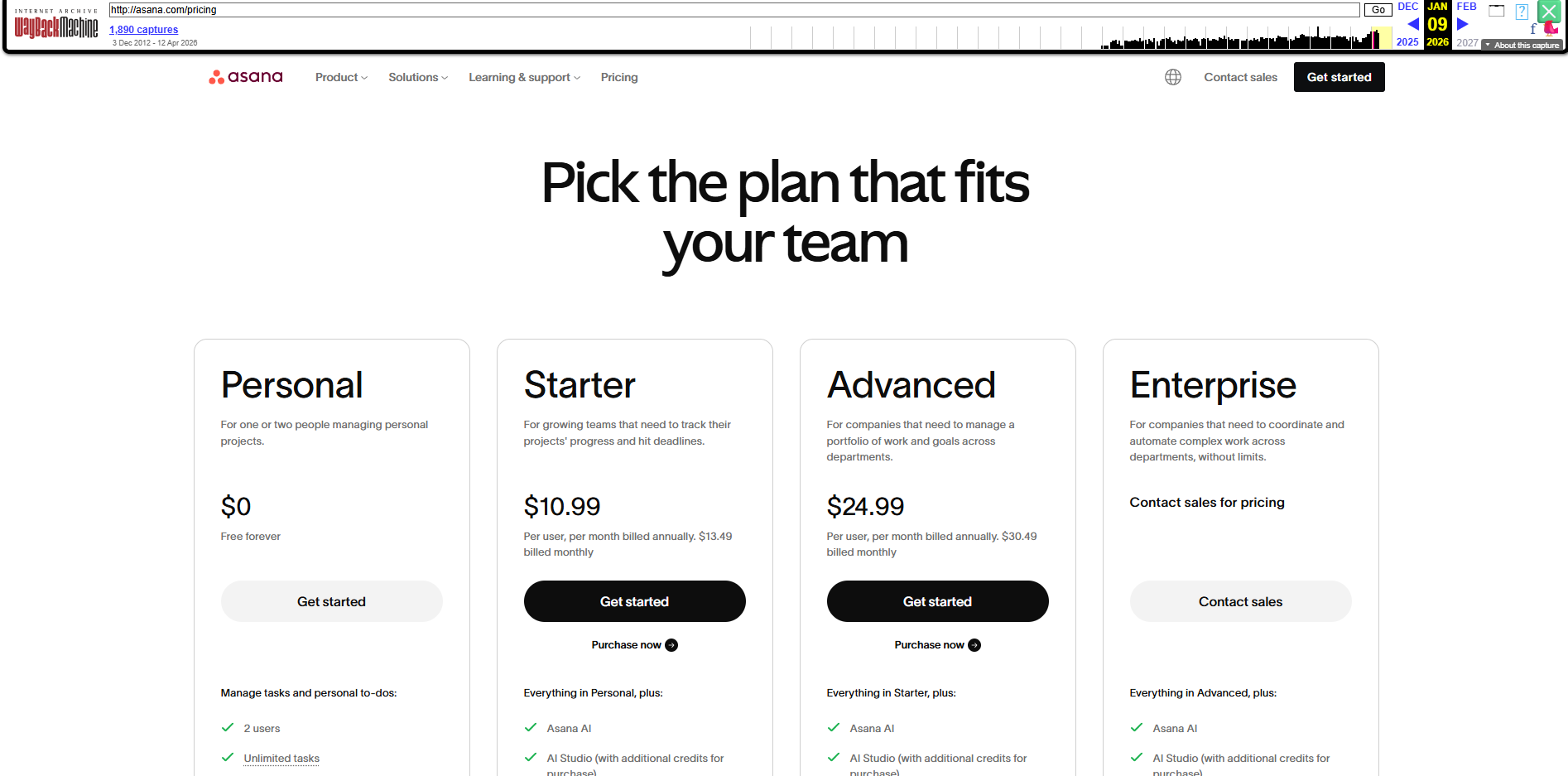 Asana pricing page, April 2026 — $10.99 per user per month