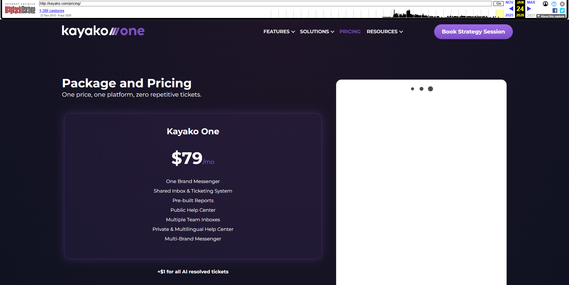 Kayako pricing page, April 2026 — $79 per agent per month