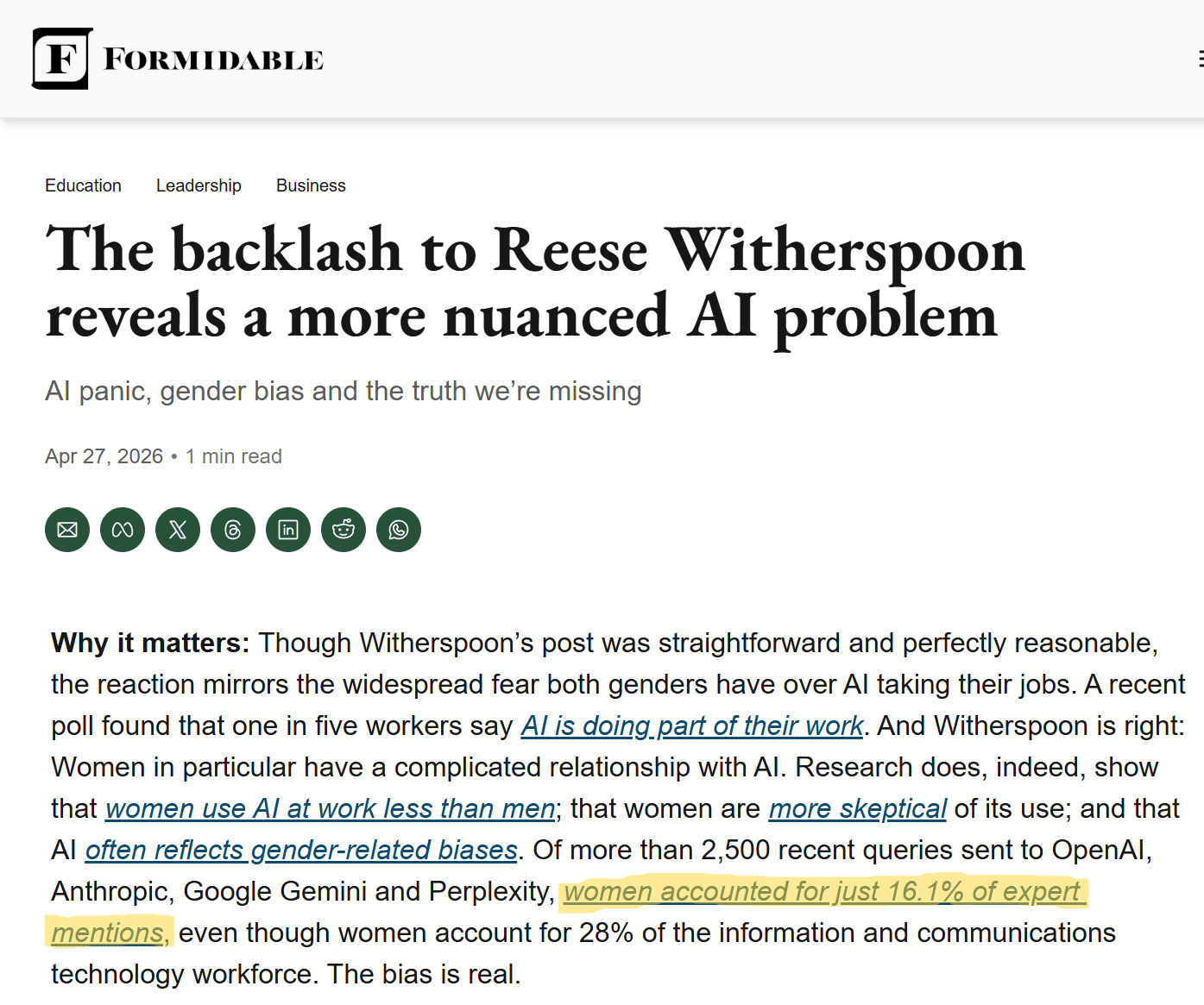 Ranking Atlas research featured in Formidable: analysis of 2,500 AI queries finding women accounted for just 16.1% of expert mentions across ChatGPT, Claude, Gemini and Perplexity