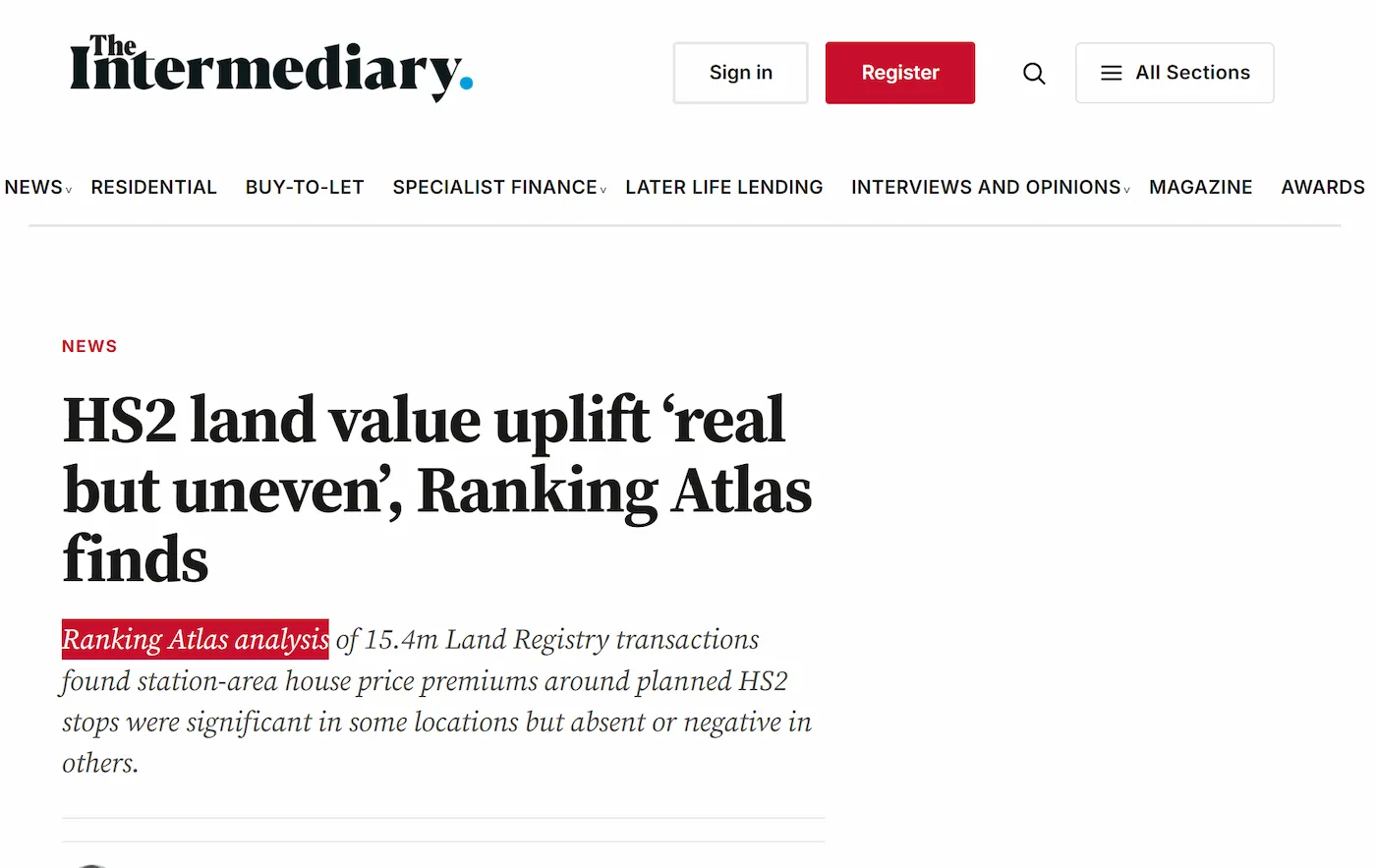 Ranking Atlas HS2 land value analysis covered in The Intermediary