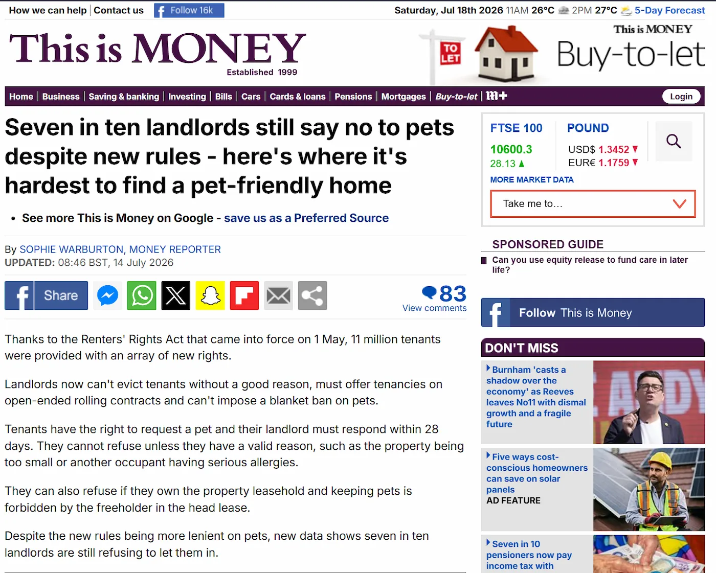 Ranking Atlas research featured in This Is Money: seven in ten landlords still say no to pets