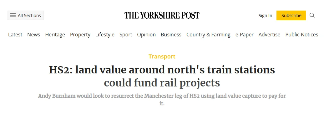 Yorkshire Post article: HS2: land value around north's train stations could fund rail projects